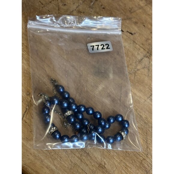 Vintage Blue Faux Pearl Necklace With Rhinestone Accents & Adjustable Hook Clasp - Picture 3 of 10